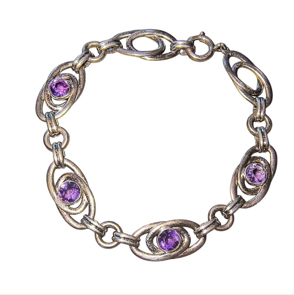 Sterling Silver Link Bracelet with Purple Gemstones